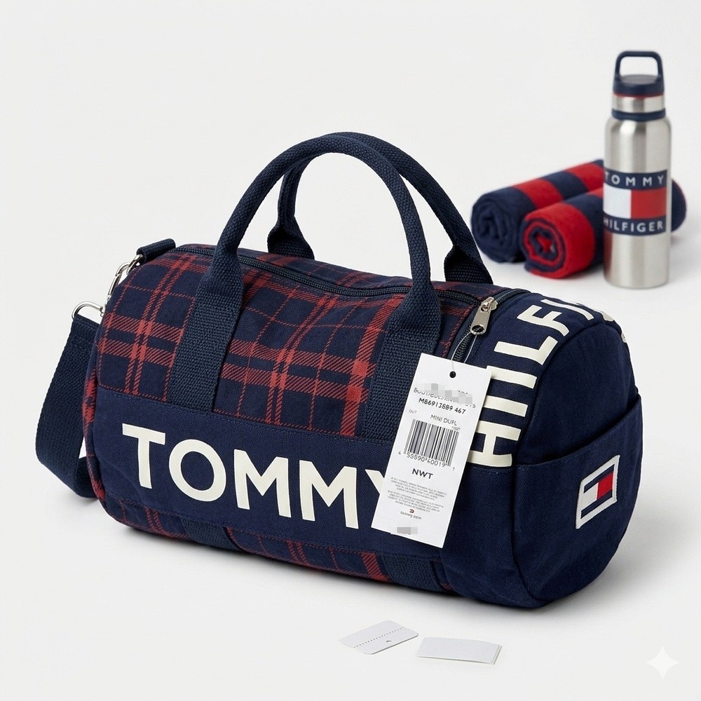 Tommy Hilfiger Mini Duffle‎ Bag Navy Red Plaid Canvas Logo M86913589 467 NWT